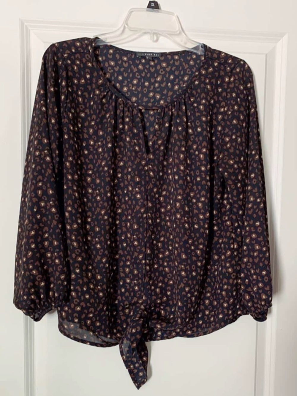 West Kei Navy Tie-Hem Leopard Print Blouse